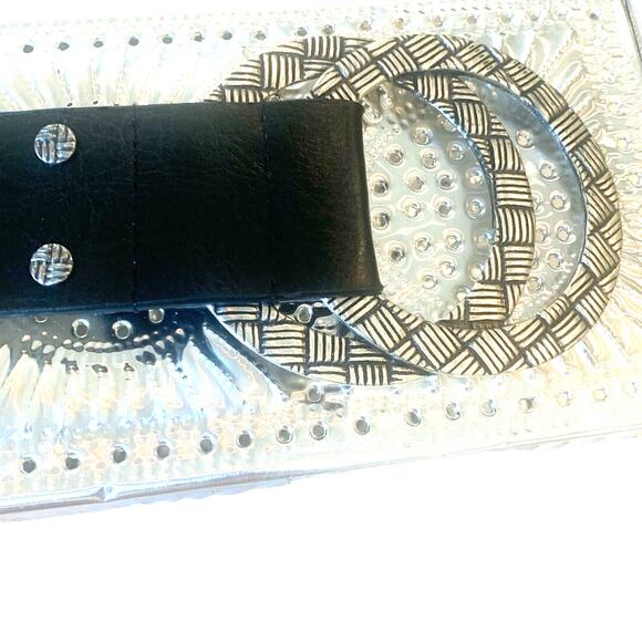 Chico's Leather Wide Belt M/L Black Double Ring Silver Buckle Adjustable Stylish - Picture 4 of 5
